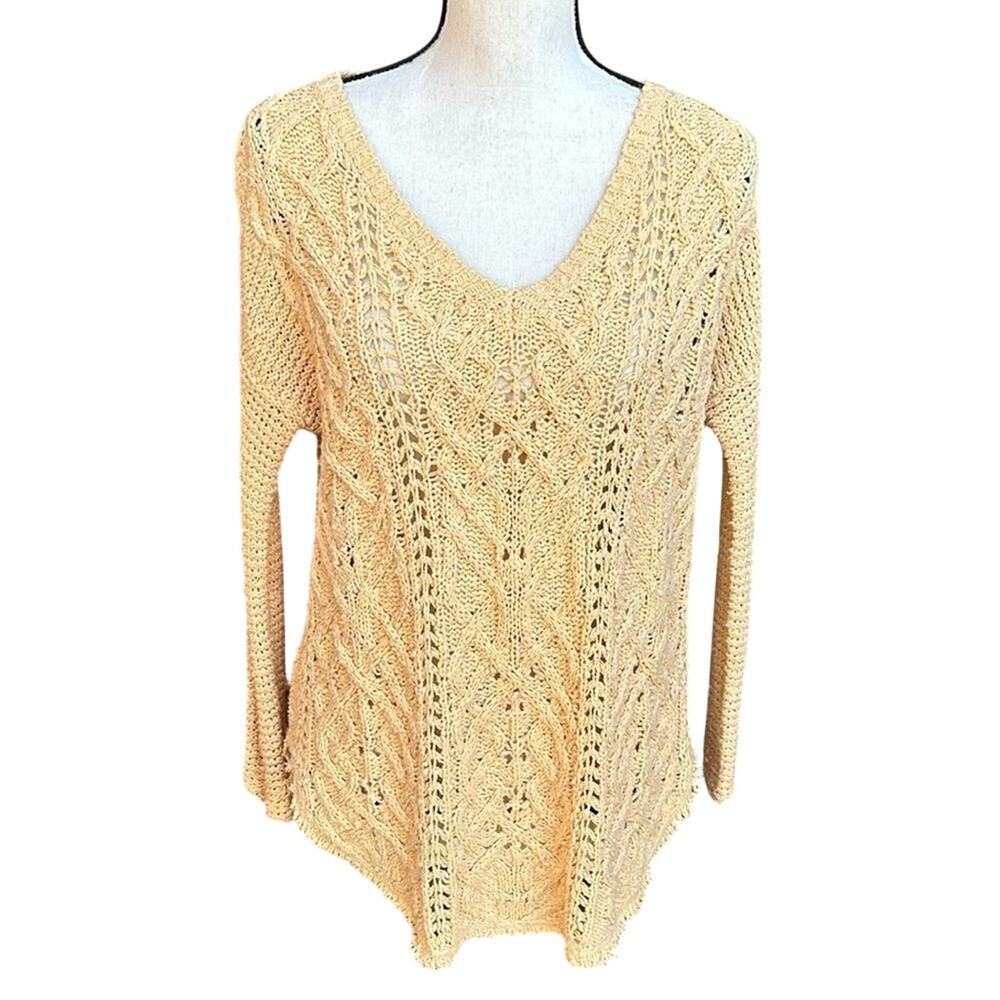 FREE PEOPLE Cross My Heart Pale Gold Loose Cable Knit Pullover Sweater Size XS